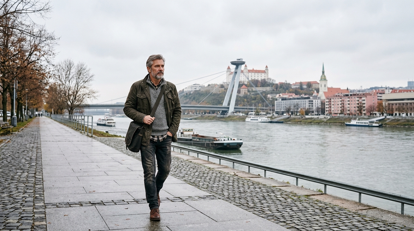 Bratislava, nábrežie Dunaja, ráno o pol ôsmej — typická scéna pomalého rána.